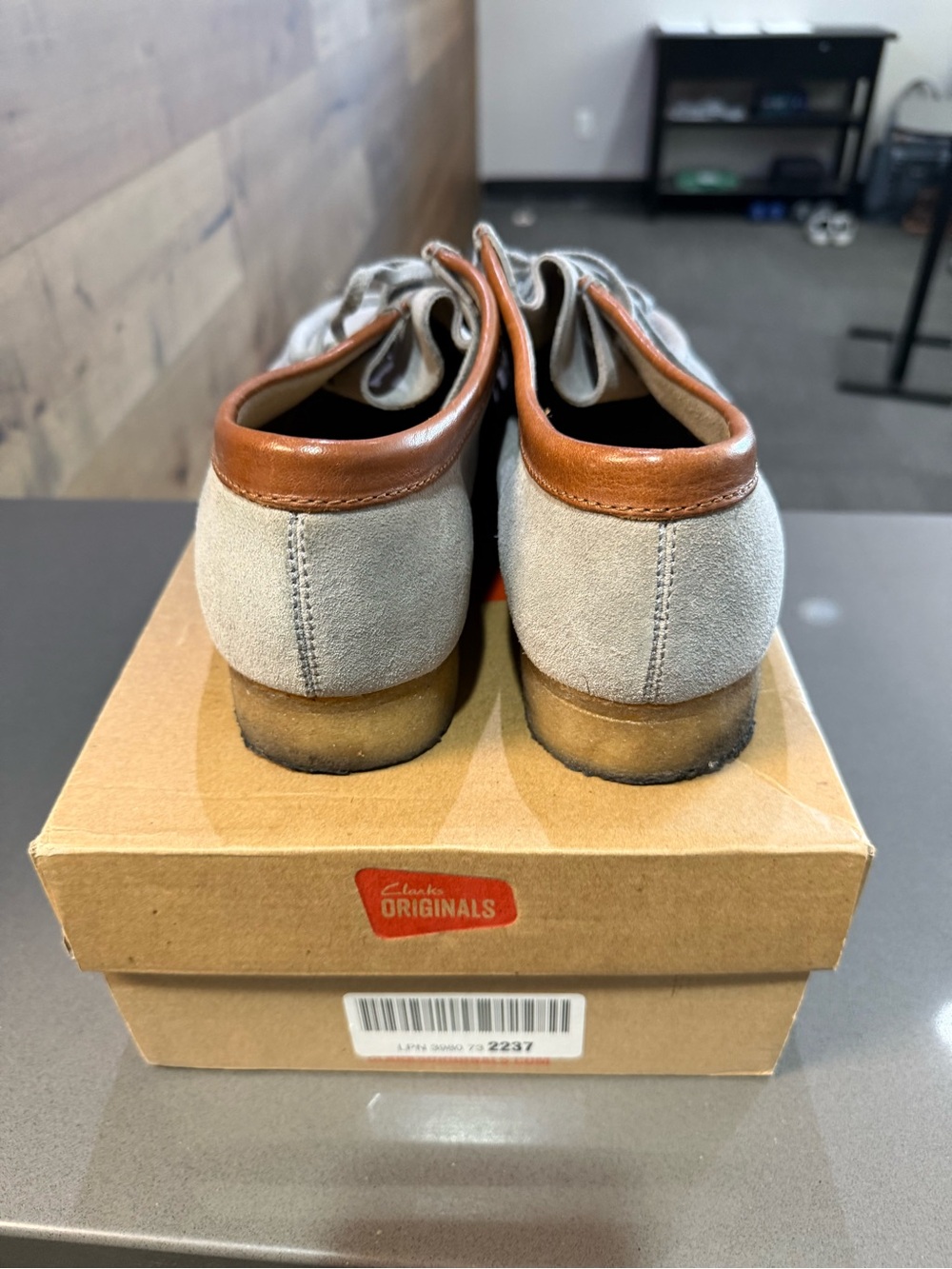 Clarks Wallabee Chukka Boots - Light Gray Suede with Brown Collar - Picture 2 of 2